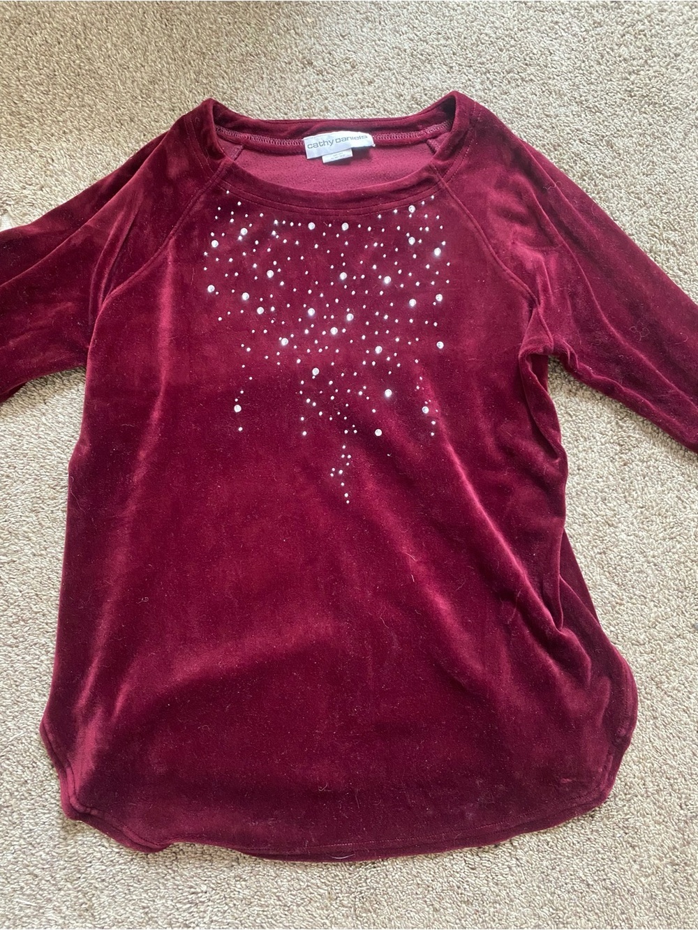 Cathy Daniels Wine Velvet Top with Rhinestone Detail